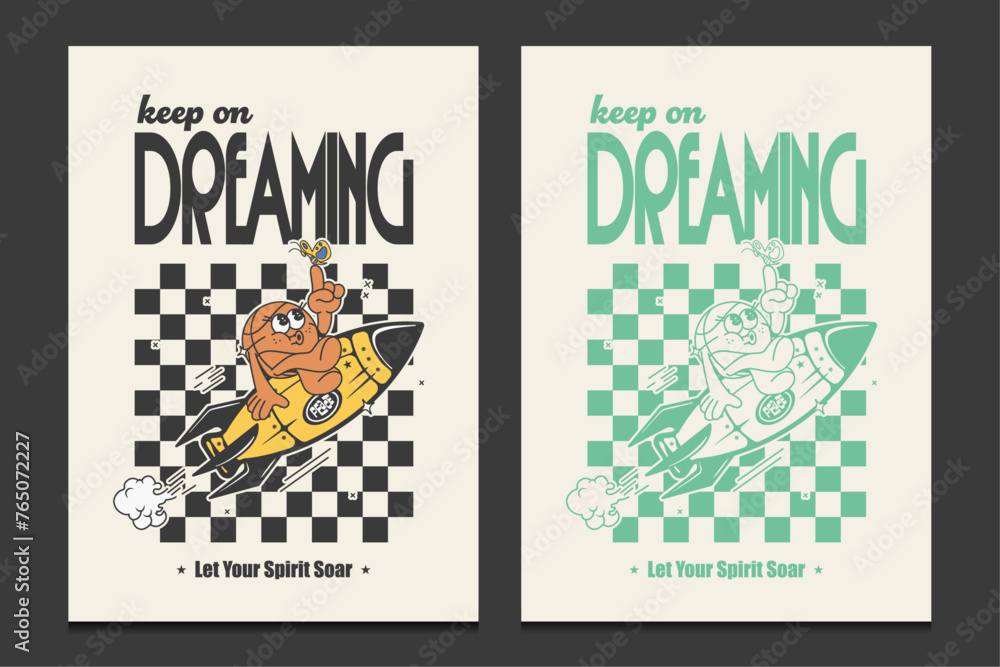 retro 70s posters featuring adorable cartoon characters of basketballs and space rockets, vector illustration