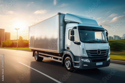 generated illustration consumer goods fulfillment delivery truck driving on city suburban road