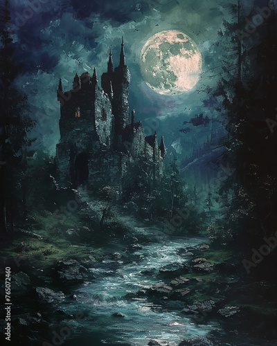 A mystical painting of a castle silhouetted against a full moon, surrounded by a forest and a flowing stream