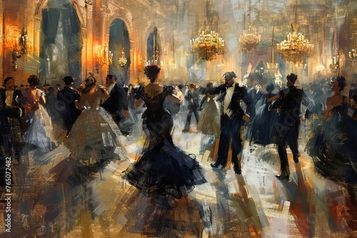 Gilded Age Opulent Ballroom with Dancers in Vintage Attire, Digital Oil Painting
