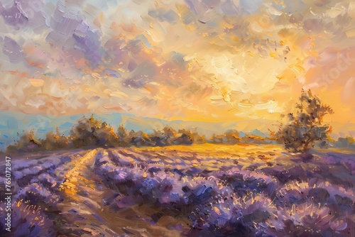 Golden Sunrise over Lavender Fields Dreamy Landscape, Oil Painting