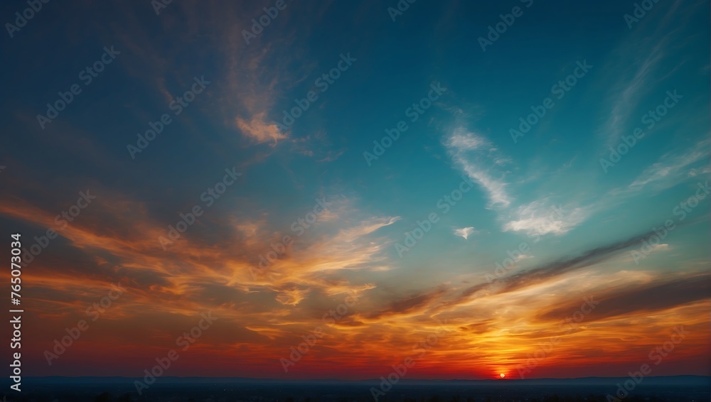 Vibrant fantasy panoramic sunset sky - Gradient rich colors - beautiful summer sunset or sunrise sky. AI generated