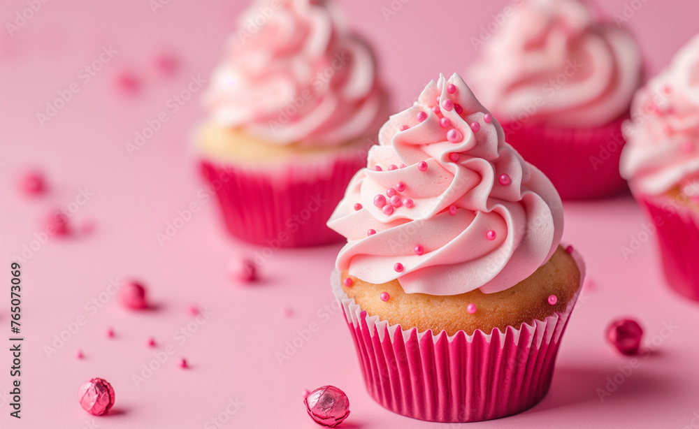 Close Up of Cupcakes on Pink Background Close Up of Cupcakes on Pink Background