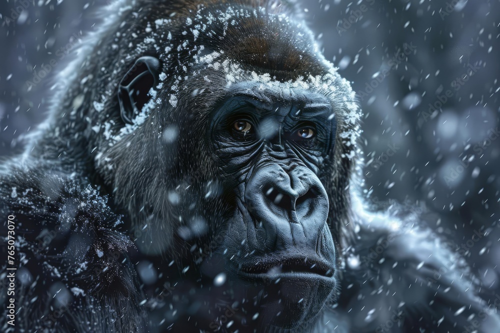 Gorilla's Frosty Domain Majestic Winter Portrait, Digital Illustration