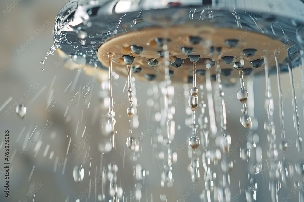 A water leak in a bathroom, with water dripping from a showerhead. A water leak in a bathroom, with water dripping from a showerhead.
