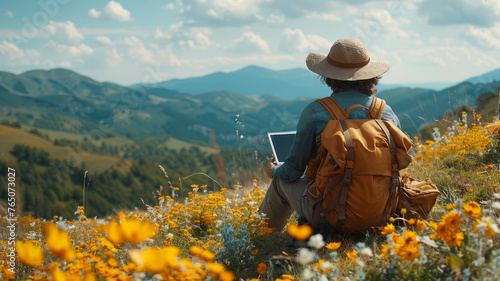 Young man freelancer traveler wearing hat anywhere working online using laptop and enjoying mountains view,generative ai photo