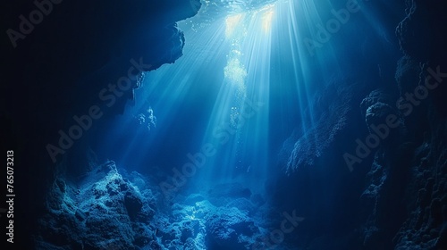 4K underwater cave exploration, eerie light beams, wide shot, high-detail, mysterious and thrilling