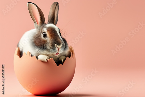 Hase in einem braunen Ei auf einem rosafarbenen Hintergrund, copy space