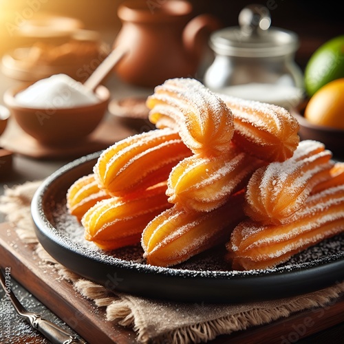 Delicious sweet churros with powdered sugar. Traditional Spanish dessert. Crispy and delicious churros photo