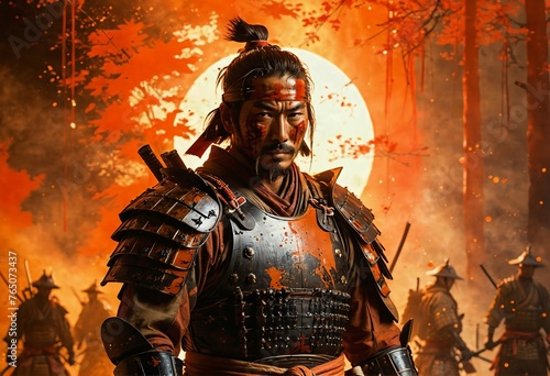 Portrait of a Japanese samurai. A soldier fighting with a samurai sword photo