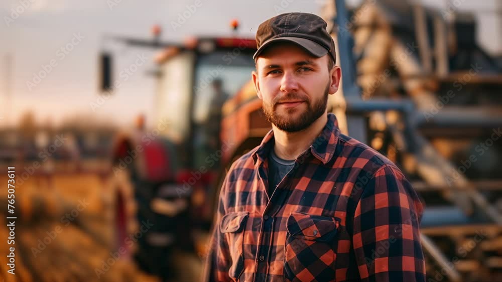 Slow motion portrait pushing towards a middle aged Caucasian farmer with beard wearing a baseball cap standing in front of his farm equipment at sunrise. American Hard Work Motif. Slow motion portrait pushing towards a middle aged Caucasian farmer with beard wearing a baseball cap standing in front of his farm equipment at sunrise. American Hard Work Motif.