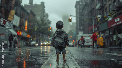 Innocent indigenous boy lost in bustling New York, surrounded by affluence yet impoverished.generative ai