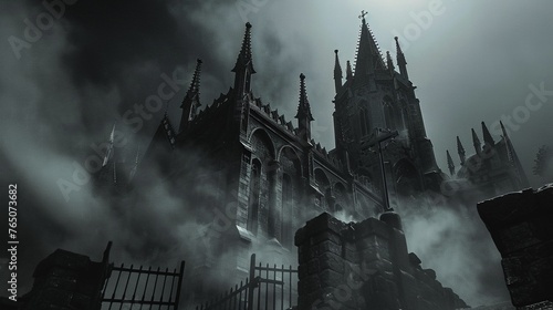 Cross-adorned gothic castle, vampire and ghost clash, holy ground tension, darkly atmospheric photo