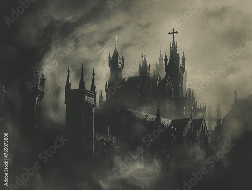 Gothic castle, crosses casting shadows, vampire and ghost in a tense alliance, darkly majestic