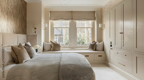 Contemporary bedroom with textured wallpaper and concealed drawers under a window seat