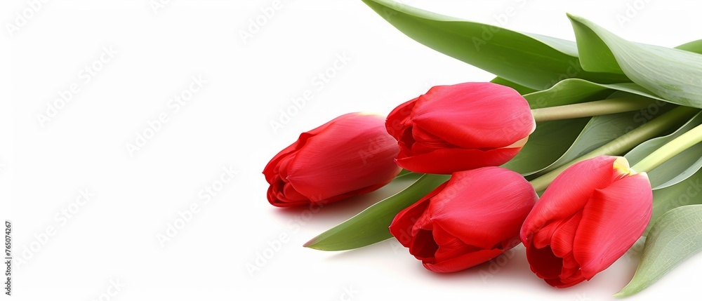  A red bouquet of tulips on a white table, with a green leafy stem nearby