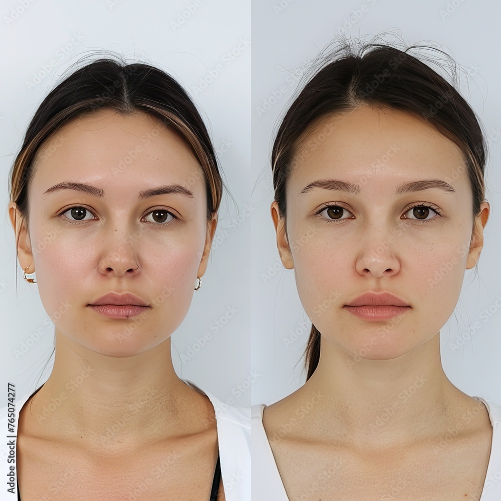 A comparative portrait showcasing the subtle yet noticeable differences in a woman's facial features before and after a beauty treatment. A comparative portrait showcasing the subtle yet noticeable differences in a woman's facial features before and after a beauty treatment.