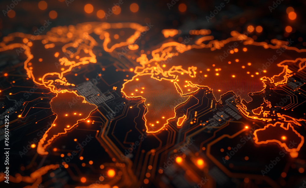 Connected World: Illuminated World Map Over Circuitry Connected World: Illuminated World Map Over Circuitry