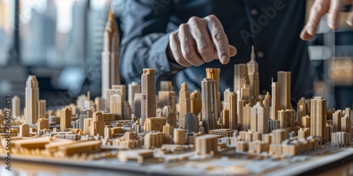 A real estate agent is presenting an architectural model of the city, with small buildings and skyscrapers on display, while pointing to one building in detail using his hands Generative AI