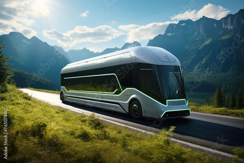generated illustration futuristic autonomous bus driving  on an urban highway.