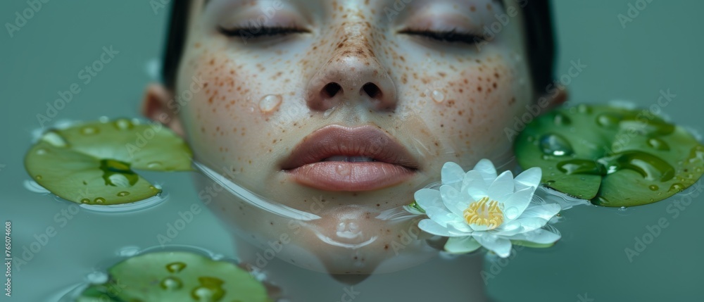  A lady, eyes shut, lips touching flower, floats in water pool, lily pads around neck
