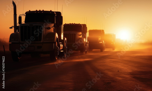 generated illustration antique truck in a row agianst sunset