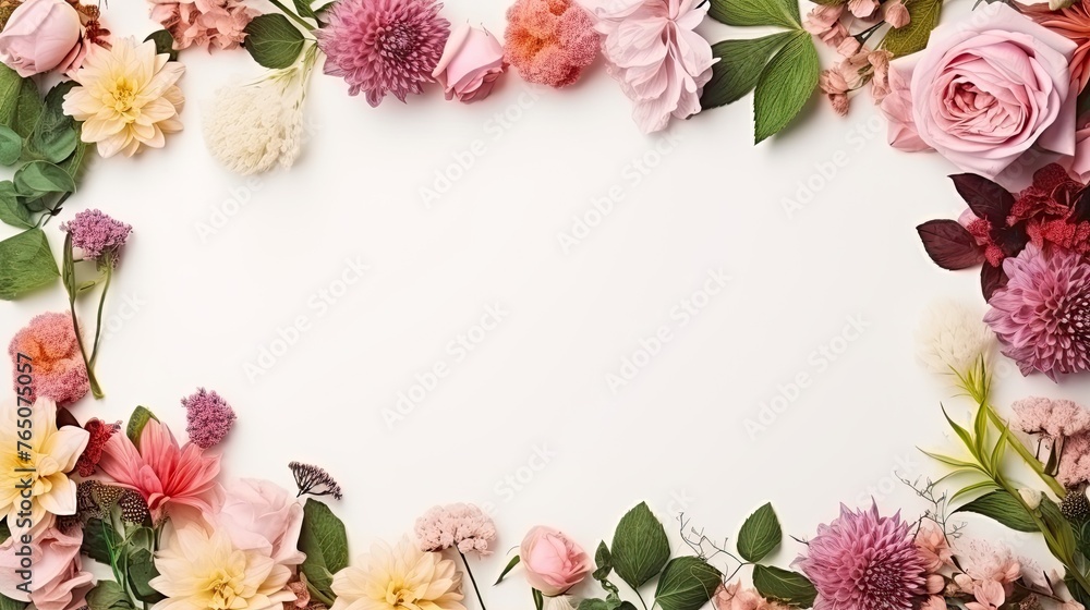 Creative layout made of flowers and leaves with paper card note,