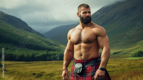 a bearded man in a red kilt with a bare torso against the background of a valley with mountains. photo