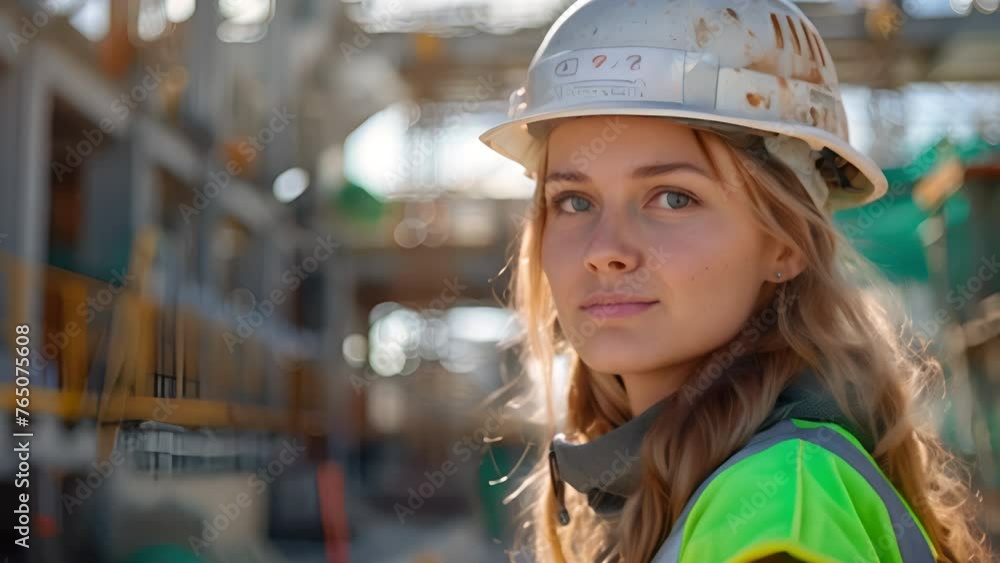 A engineer woman wearing a yellow and green safety vest and a hard hat A engineer woman wearing a yellow and green safety vest and a hard hat