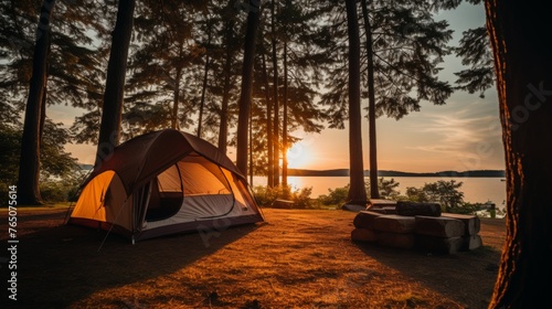 Tranquil morning camping under the serene shade of pine trees by a sunlit lakefront