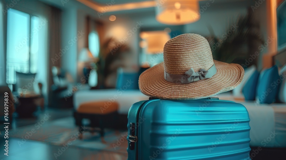Embark on your journey. Picture your blue luggage and hat in a modern hotel room after door opening, setting the scene for your travel adventure