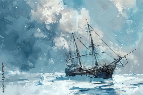 Lost Expedition Frozen Ship Entrapped in Antarctic Ice, Digital Painting