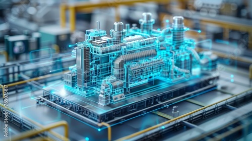 Detailed 3D hologram of an industrial plant layout, showcasing futuristic manufacturing and engineering design.