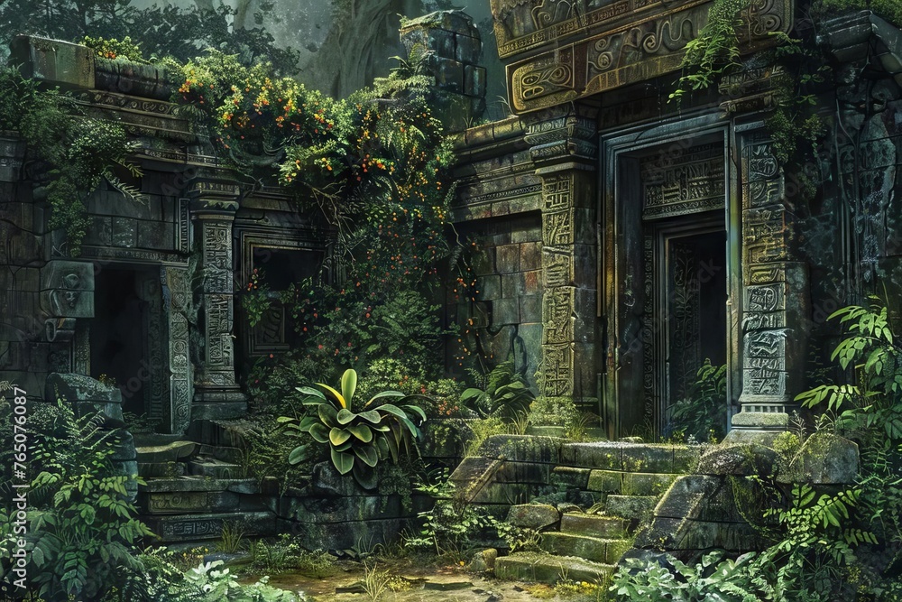 Fototapeta premium Lost in Time Ancient Ruins Overgrown with Jungle Flora, Digital Oil Painting