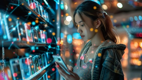 A young woman is focused on her smartphone in a high-tech environment with interactive digital screens and vibrant light effects around her.