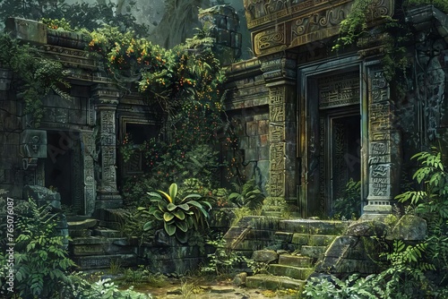 Lost in Time Ancient Ruins Overgrown with Jungle Flora, Digital Oil Painting