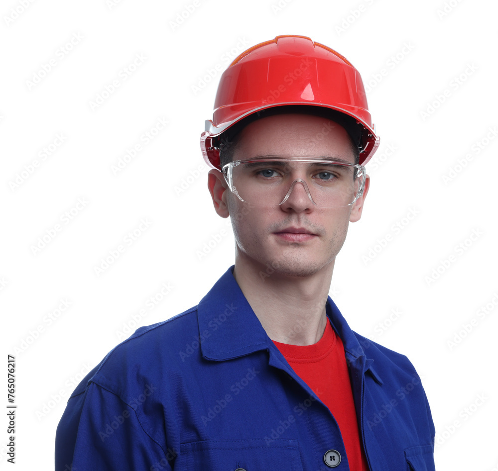 Young man wearing safety equipment on white background Young man wearing safety equipment on white background