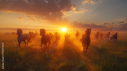 A group of galloping horses photo