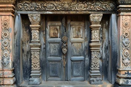 Intricate Ancient wooden door with old decoration. Historical doorway architecture with medieval ornament. Generate ai
