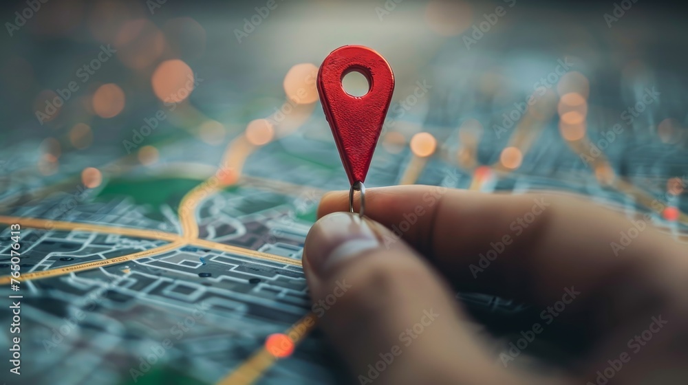 A person's hand is placing a red location pin on a street map, symbolizing route planning and physical navigation. A person's hand is placing a red location pin on a street map, symbolizing route planning and physical navigation.