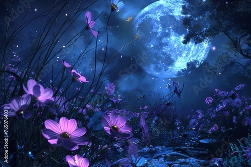 Lunar Garden Mystical Moonlit Flowers, Digital Art, Night Bloom Theme © furyon