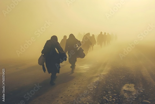 A group of refugees walking along a dusty road carrying their belongings seeking safety and a better life. Concept Refugee crisis, Human rights, Displacement, Hopeful journey, International aid photo