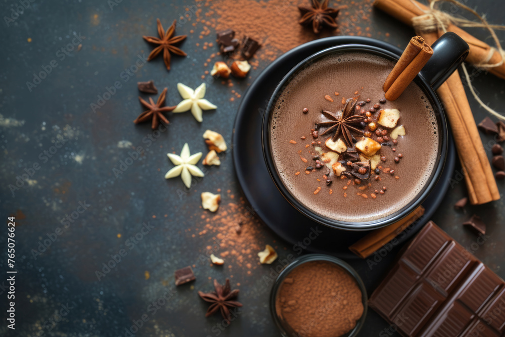 Hot chocolate with ingredients next to it in a black mug on a beautiful dark background with space for text or inscriptions, top view
