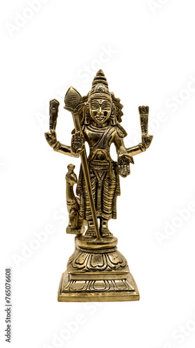 antique figure of hindu god of war subramanya, son of lord shiva with his animal, a peacock isolated in a white background