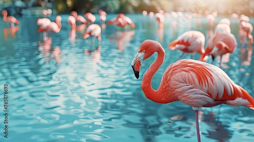 Flamingos by the lake. Generative AI