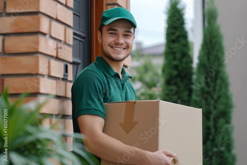 Young smiling courier with a box in his hands at the door of the house smiling at the camera wearing a green T-shirt and a green baseball cap with space for text or inscriptions
