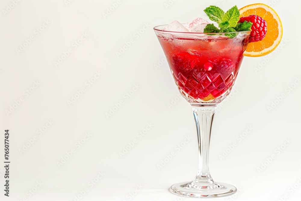 Cocktail with raspberries and mint against a white background with copy space. Cocktail with raspberries and mint against a white background with copy space.