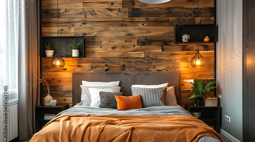Industrial-inspired bedroom with a wood-paneled accent wall and hidden storage within the headboard