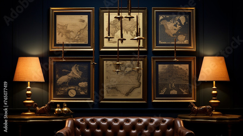 Antique gilt frames in a cluster arrangement on a navy wall, each containing a segment of an old map, illuminated by brass picture lights.