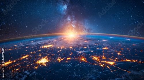A breathtaking view of sunrise from space, casting a warm glow over the planet Earth, with city lights and the Milky Way in the background.